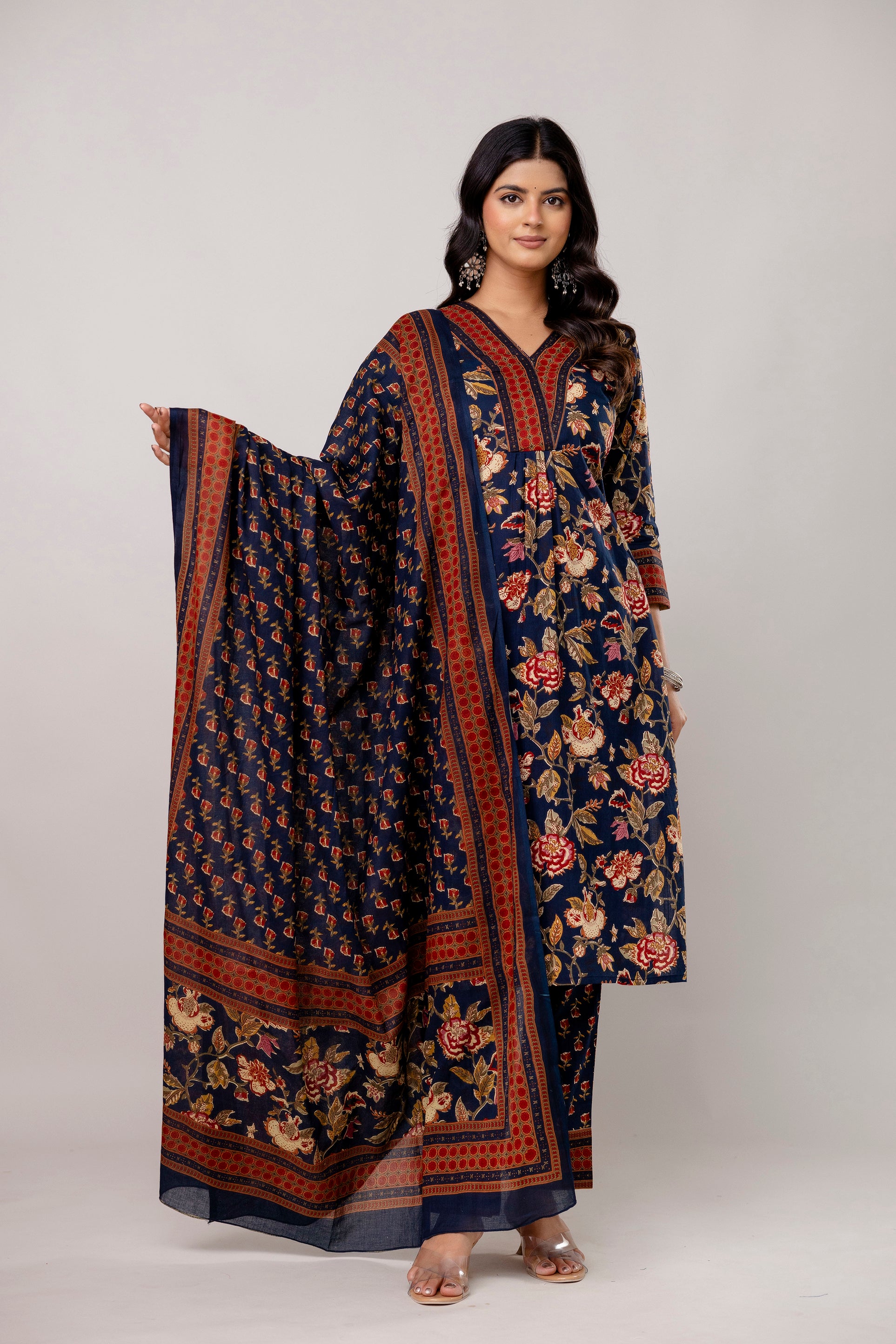 Navy cotton printed kurti set with dupatta
