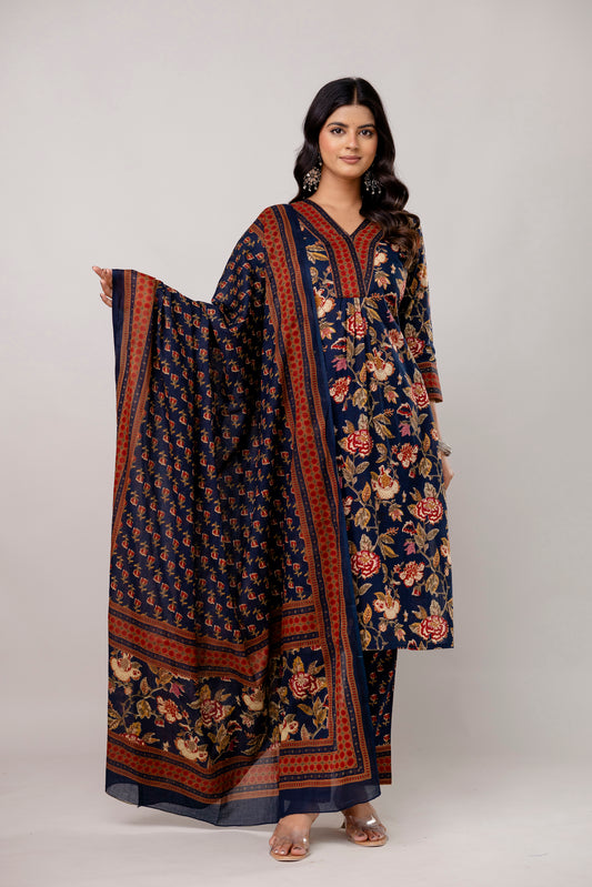 Navy cotton printed kurti set with dupatta