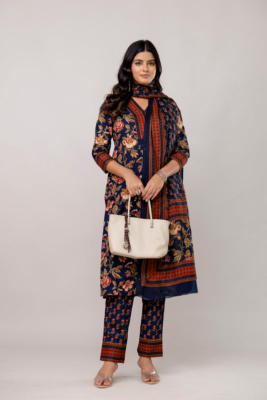Navy cotton printed kurti set with dupatta