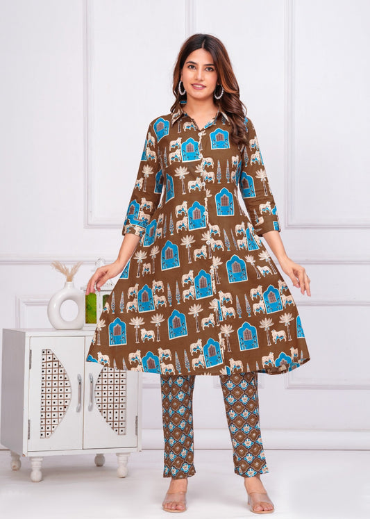 Brown Colour Printed Cotton Kurti Set for Women 