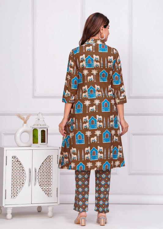 Brown Colour Printed Cotton Kurti Set for Women 